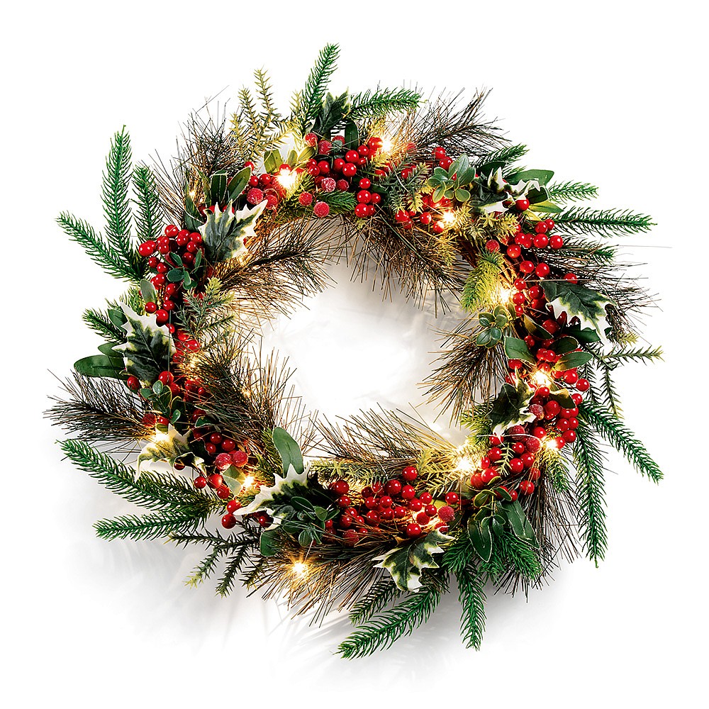 LED Lit Wreath With Red Berries Faux Foliage Traditional