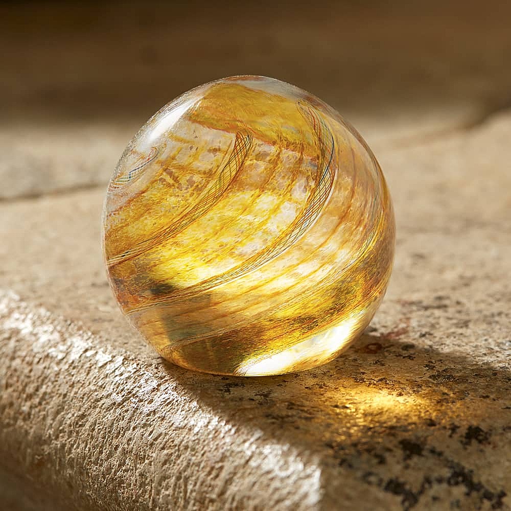 Selling Paperweight with a Gold Amorphic Swirl or Spiral or Twists of Polychrome in an Art glass Orb - an Abstract Golden Cocoon or Beehive